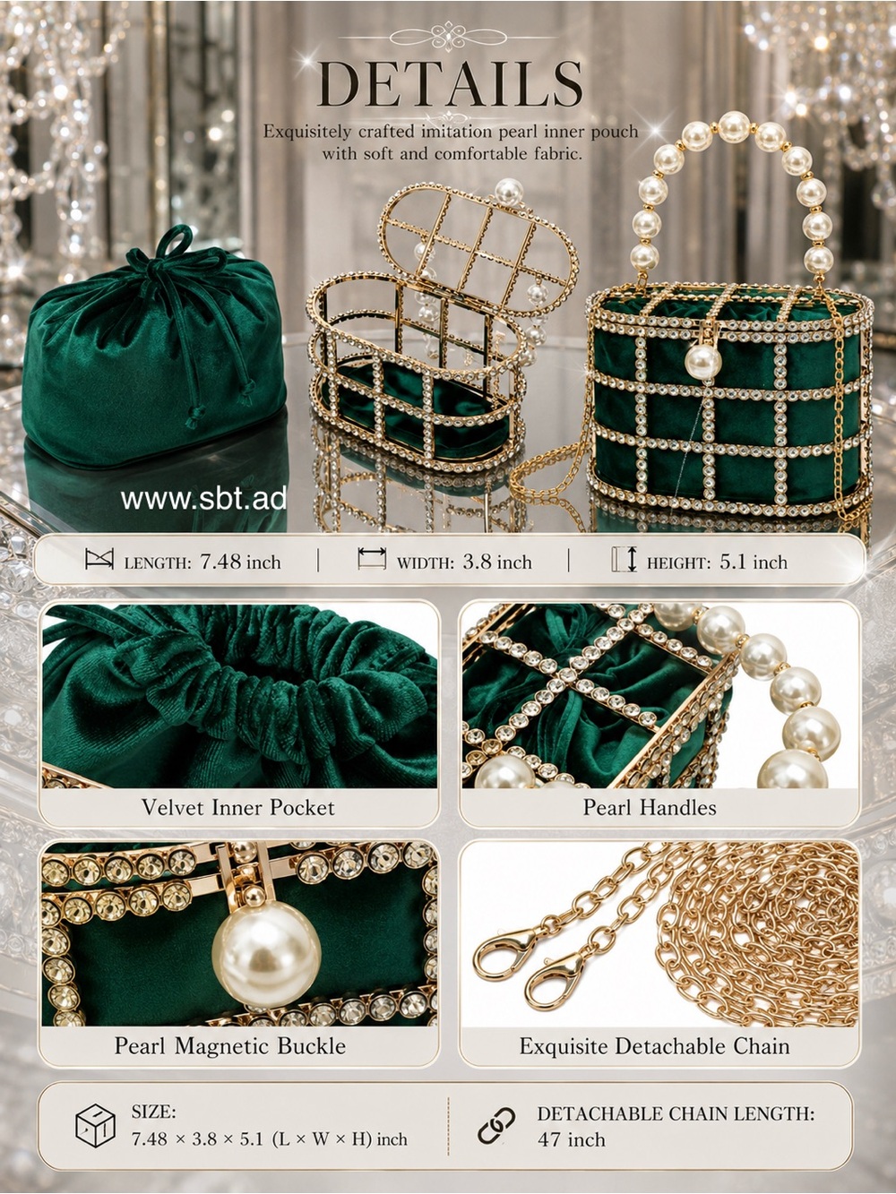 NEW Pearl & Rhinestones Clutch Purse Sparkling Bling Swarovski Crystal Bag - Picture 17 of 17